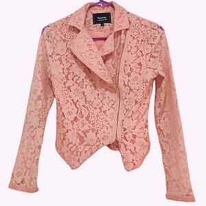 Lace Moto Jacket in Pink Zipper Closure.